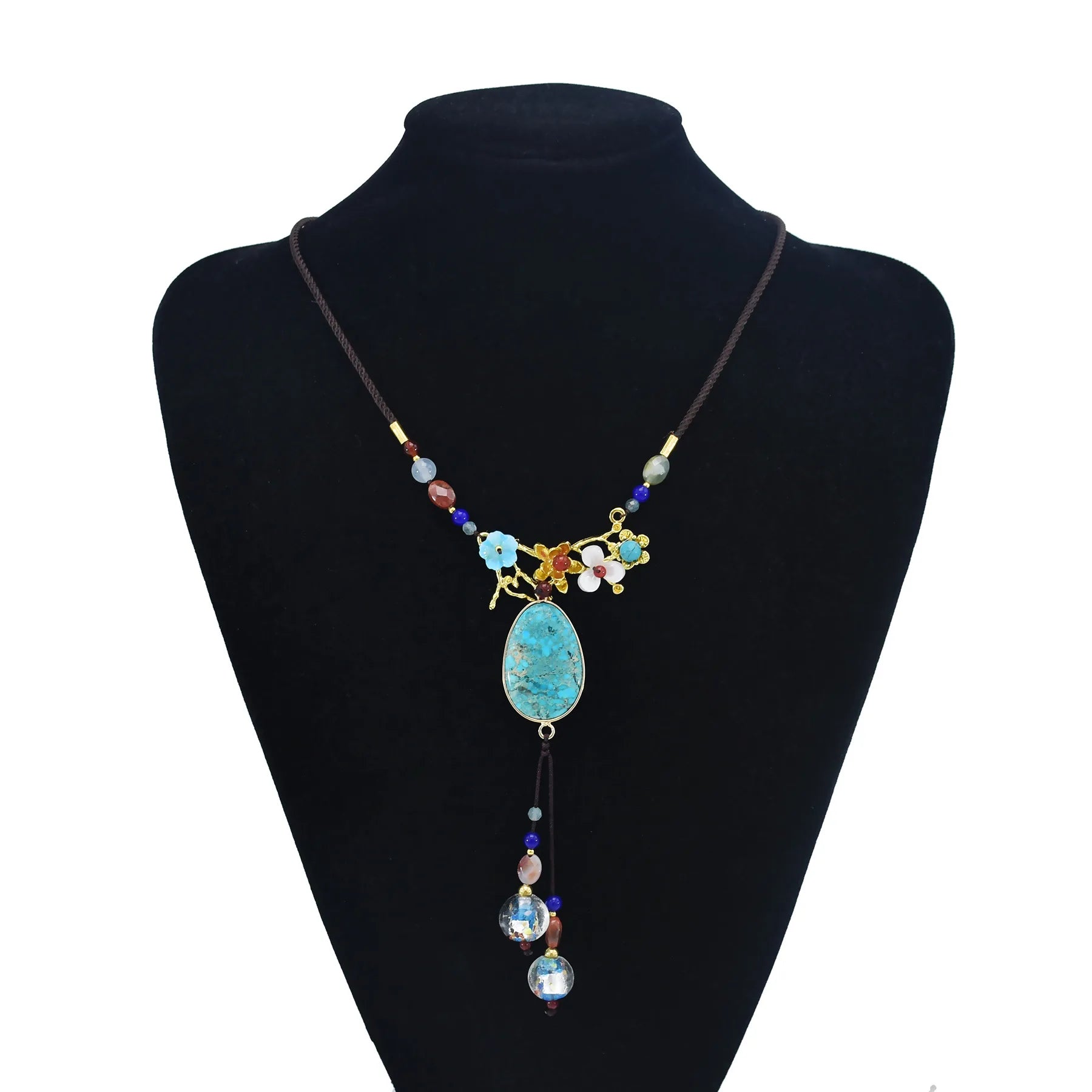 Ethnic Style Long Necklace for Middle-Aged Female Turquoise Bohemian Retro Style Classic Alloy Jewelry Mother Gift Decoration