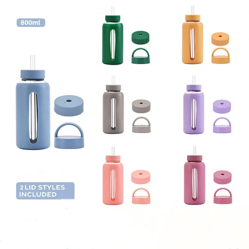 800ml Glass Gym Drink Cup with Silicone Time Scale Double Cover and Lid New Outdoor Portable Water Jug with Cap