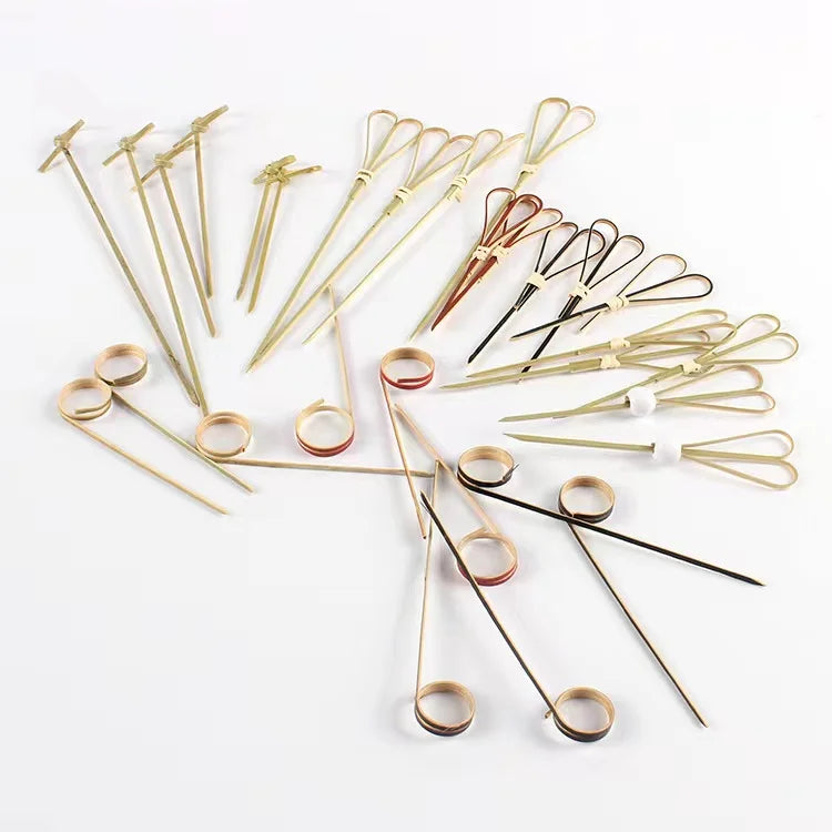 Disposable Barbeque Twisted Bamboo Knotted Fruit Sticks Skewer Picks Knot Sticks