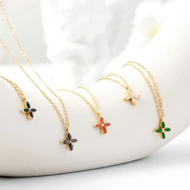 New 18K Gold Plated Stainless Steel Zircon Diamond Classic Four Leaf Clover Charm Necklace for Girls-Anniversary Wedding Party