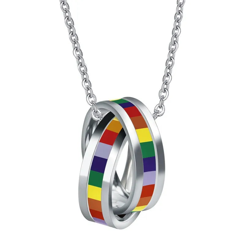Wholesale Colorful Enamel Jewelry Stainless Steel Silver Rainbow Necklace Love Circle Necklace Rainbow Rings Necklace