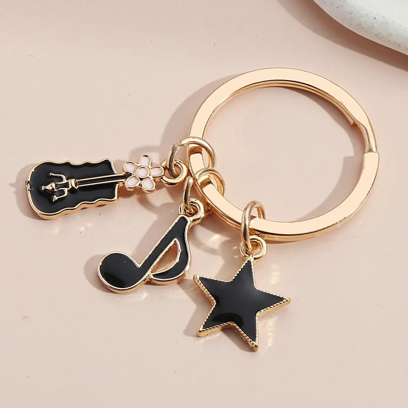 Music Lovers Key Chains Enamel Violin Cello Music Note Keyboard Disc Gramophone Piano Headphones Microphone Pendant Bag Key Ring