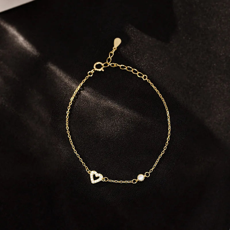 Dainty Fine Jewelry Pulseras Mujer S925 Sterling Silver 14K Gold Plated Heart Bracelet for Women