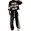 Custom Streetwear Acid Wash Black Double Waist Shorts Distressed Applique Patch Full Rhinestones Summer Tshirts Shorts Set Men
