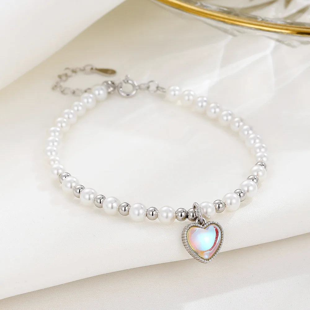 Hot Sale 925 Sterling Silver Heart Moonstone Bracelets Handmade Women Natural Freshwater Pearl Round Bead Bracelet