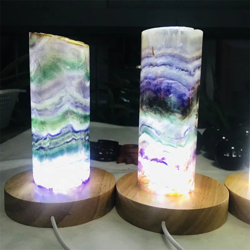 Wholesale Natural Healing Crystal Gemstone Fluorite Cylindrical Night Lights for Decoration