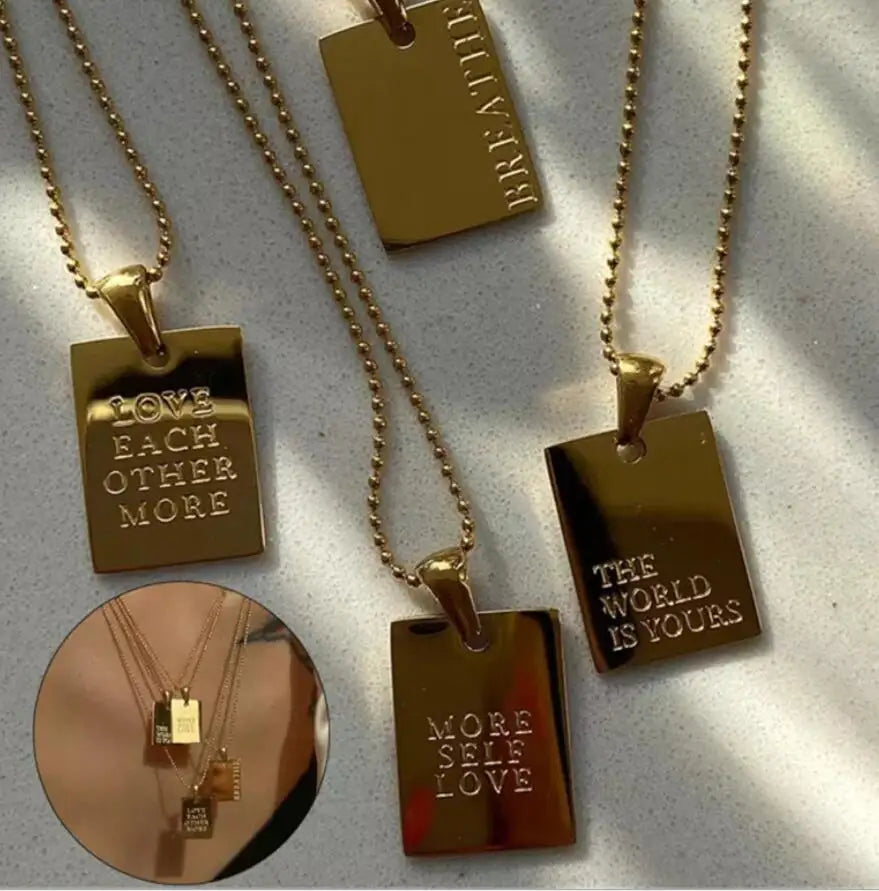 Custom Engraved Rectangle Pendant Inspirational Quotes Words Phrase Stainless Steel Necklace Hot Design Jewelry Women Men Chain