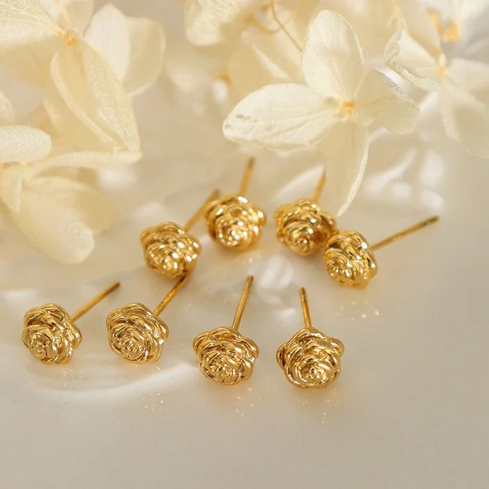 Chic Sweet 18k Gold Filled Rose Floral Vintage Earring Tarnish Free Stainless Steel Rose Flower Stud Earrings Women Jewelry