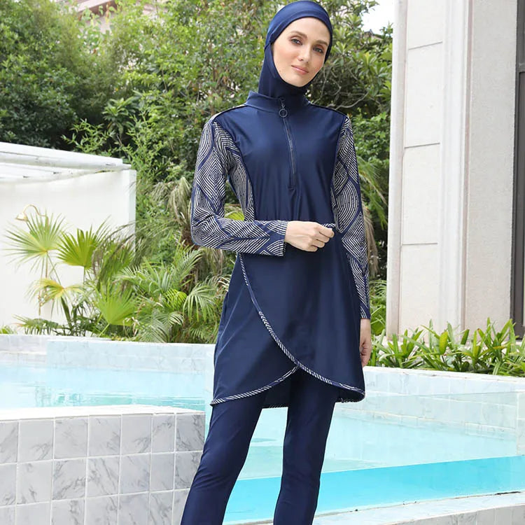 Women Swimsuit Muslim Burkini With Hijab Cap Long Sleeve Ruffle Modest Swimsuit Islamic Stand Collar Full Cover Beachwear