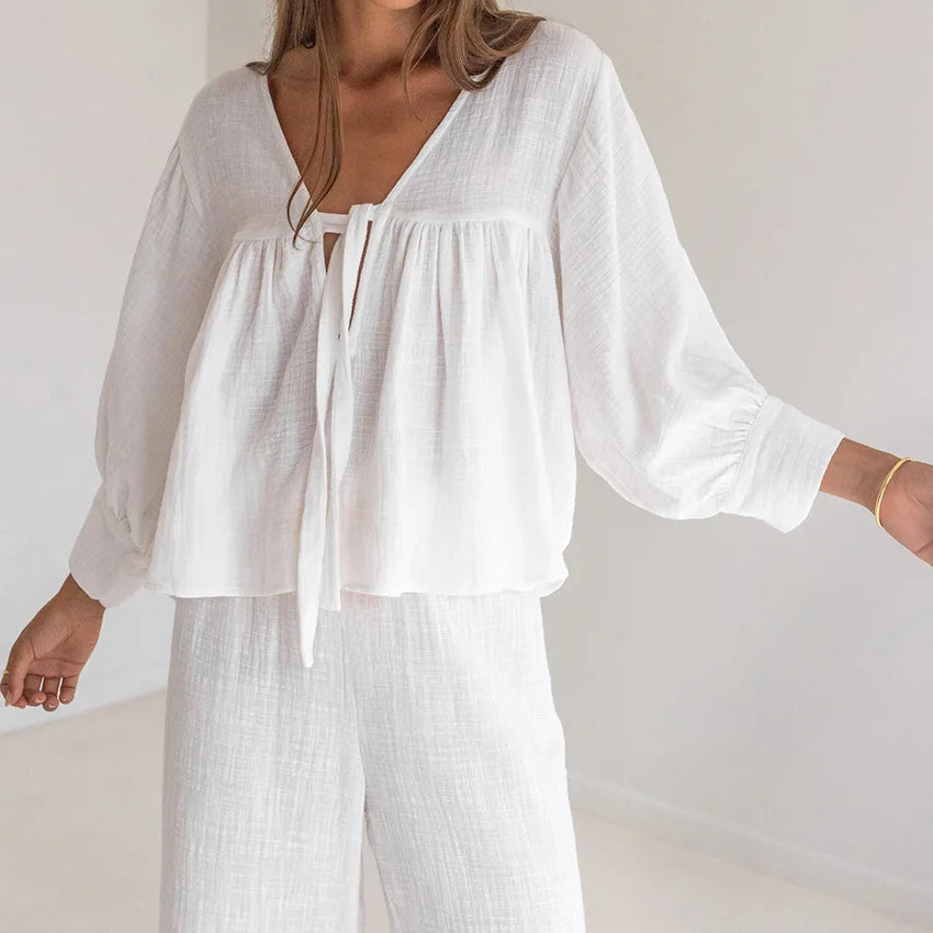 Spring Fall New Home Wear Sleepwear 100% Cotton Blouse Top Pants Ladies Casual Cord Matching Pajamas Sets