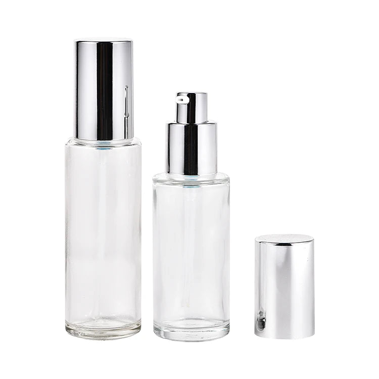 Free Sample Eco-Friendly 100ml Clear Glass Lotion Pump Bottles Flat Shoulder Cosmetic Foundation Screen Printing Pump Sprayer