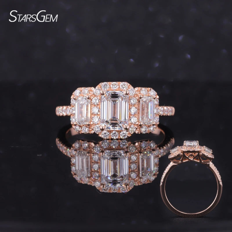 Starsgem Women 10K Rose Gold  Ring Three Stone Style Emerald Cut Lab Grown Diamond Engagement Ring