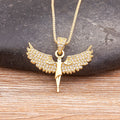 QIKU Gold Color Angel Wings Pendant Princess Girl Women Copper Zirconia Necklace Link Chain Choker Accessories Jewelry Wholesale
