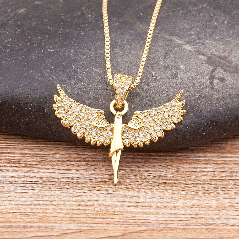 QIKU Gold Color Angel Wings Pendant Princess Girl Women Copper Zirconia Necklace Link Chain Choker Accessories Jewelry Wholesale