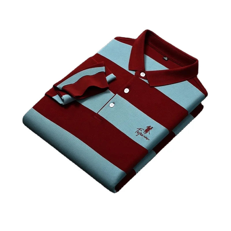 Men's Luxury Long Sleeve  T-Shirt with Quick Dry Embroidered Striped Pattern Custom Logo Loose Fit-Knitted Fabric