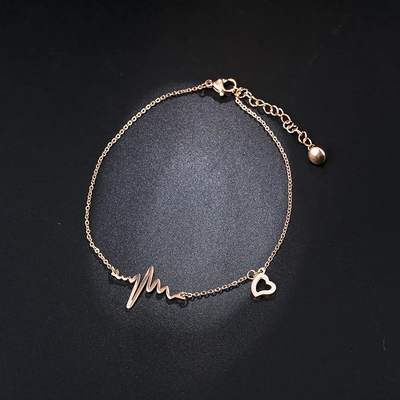 Women Titanium Stainless Steel Beat Wave Love Heart Ankle  Adjustable Heartbeat Heart Anklet
