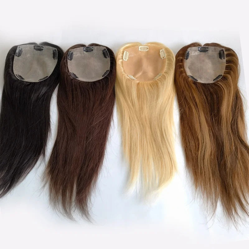 Natural Human Hair PU Thin Skin Base Lady Crown Top 613 Blonde Clip Women Hairpieces Topper With Silk Top Parting