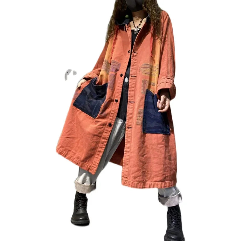 Boutique Wholesale 2026 Autumn New Personalized Retro Print Loose Cardigan Single Breasted Windbreaker Denim Women's Coat