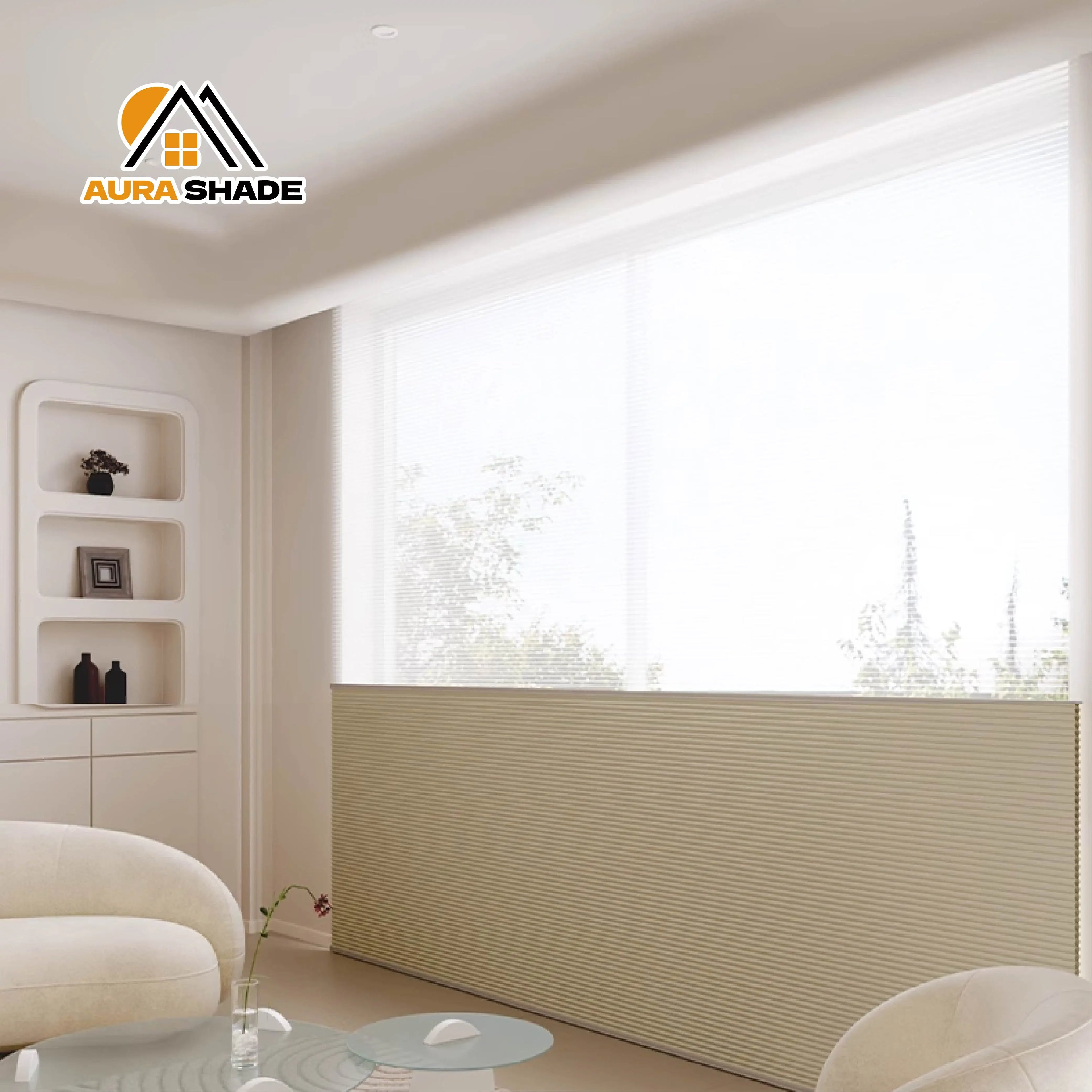 Modern Manual Pull Cord Control Long Service Life Day Night Honeycomb Blinds Plain French Country Design Soft Fabric for Living