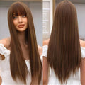 Factory Outlet MOQ1Brown Straight Synthetic Wigs With Bangs Long Brown Wig for Women Natural Looking Daily Heat Resistant Fiber