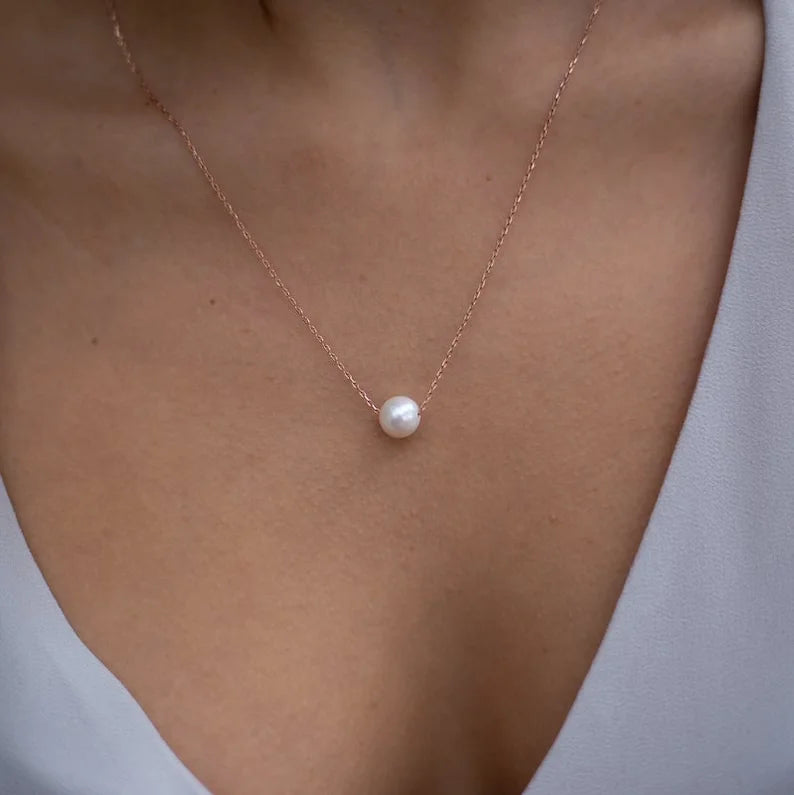 Zooying Dainty 14k Solid Gold Pearl Necklace 14k Rose Gold Pearl Pendant Necklace Fashion Fresh Pearl Necklace