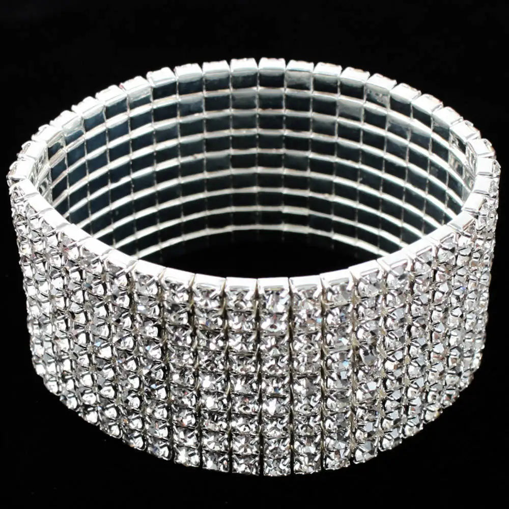 Fashion 1-10 Rows Full Crystal Rhinestone Elastic Bracelet Bling Wristband Women Wedding Bridal Jewelry