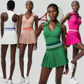 Custom OEM Plus-size Women's Solid Spandex/Nylon Sports Tennis Skirt Set Anti-Exposure Quick-Dry V-Neck Yoga Two-Piece Outfit MegaBDM