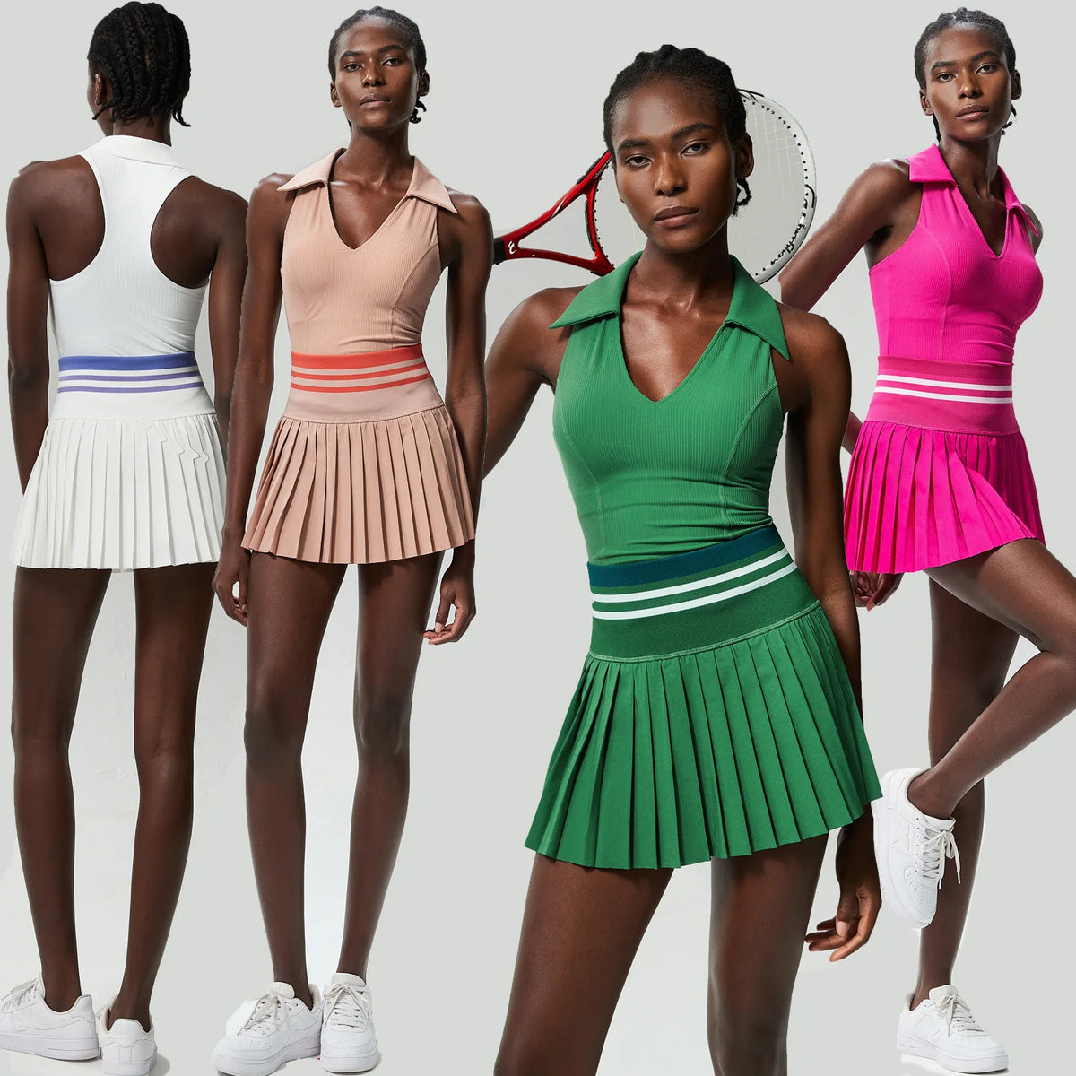 Custom OEM Plus-size Women's Solid Spandex/Nylon Sports Tennis Skirt Set Anti-Exposure Quick-Dry V-Neck Yoga Two-Piece Outfit MegaBDM