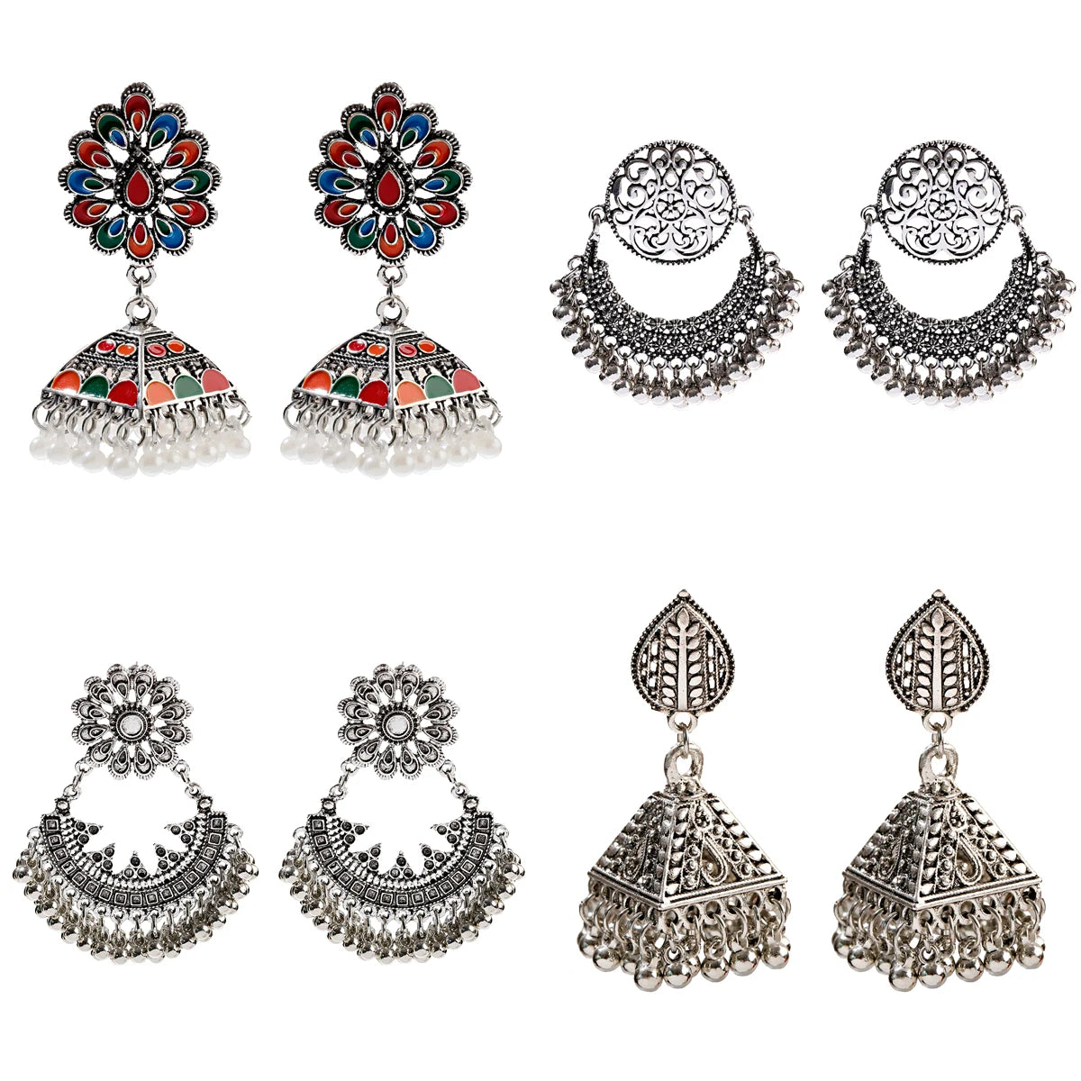 Douvei Vintage Jhumki  Earrings Silver Plated Alloy Little Charm Round Bead Tassel  Earrings Bohemian Earrings