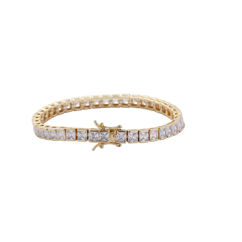 AJIER 4mm Princess Square Zircon Gold Plated Unisex Tennis Bracelet Full Bangle Classic Style Charm for Party or Gift