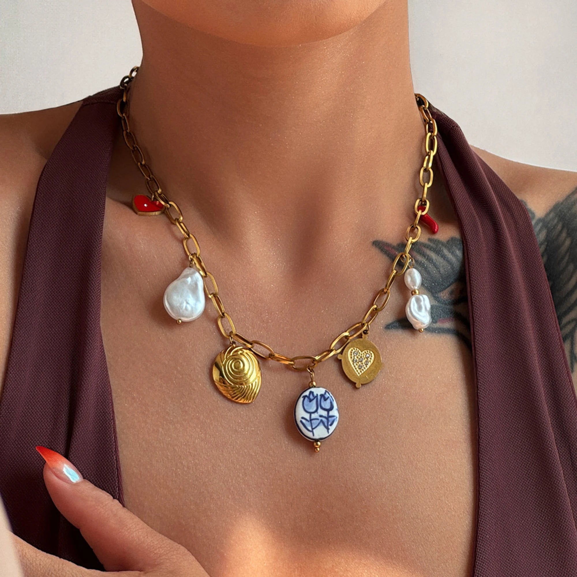 NEW BOHO DANGLE ELEGANT PEARL DANGLE HANDMADE BIKINI NECKLACE Dazan 18k Gold Plated Tarnish Free Stainless Steel Women JEWELRY