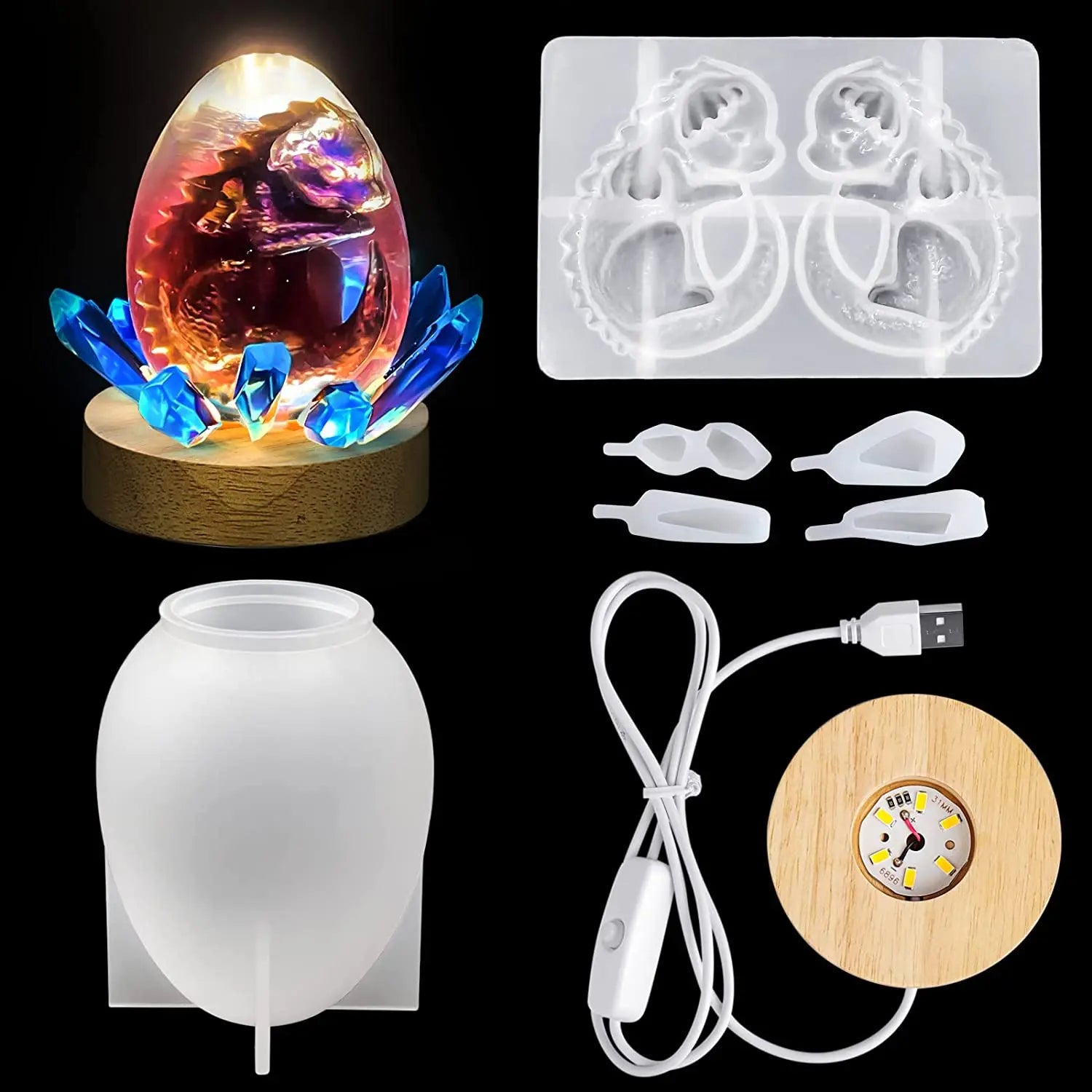Resin Mold Silicone Easter 3D Dragon Egg Epoxy Mold with USB-powered Wooden Lighting Base Bracket Suitable for Easter Gifts