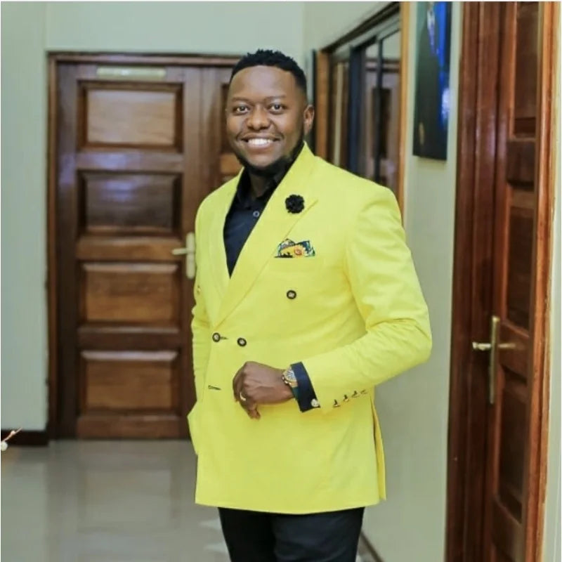2025 Bright Yellow Men Suits Double Breasted Latest Design Groom Wedding Tuxedos Best Costume Homme 2 Pieces(Jacket+Pant)