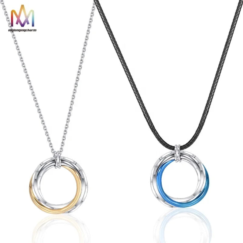 Romantic Couple Titanium Steel/316lL Stainless Steel Necklace with Circles Rings Pendant Fashionable Accessory