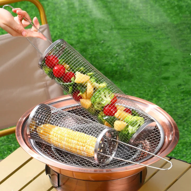 Portable Stainless Steel Outdoor BBQ Grill Baskets Cylinder Rolling Grilling Metal Net Tube Barbecue Tools