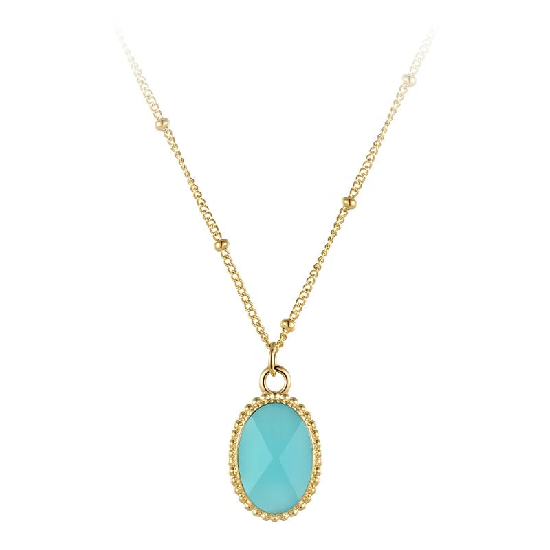 18K Gold Plated Stainless Steel Jewelry Bead Chain Oval Blue Glass Pendant Accessories Necklaces P223303