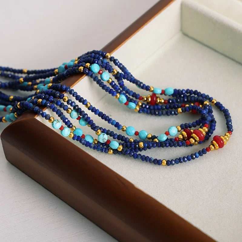 High End Multicolor Natural Stone Handmade Beaded Necklace Gold Plated Stainless Steel Red Agate Choker Necklace Colliers Femmes