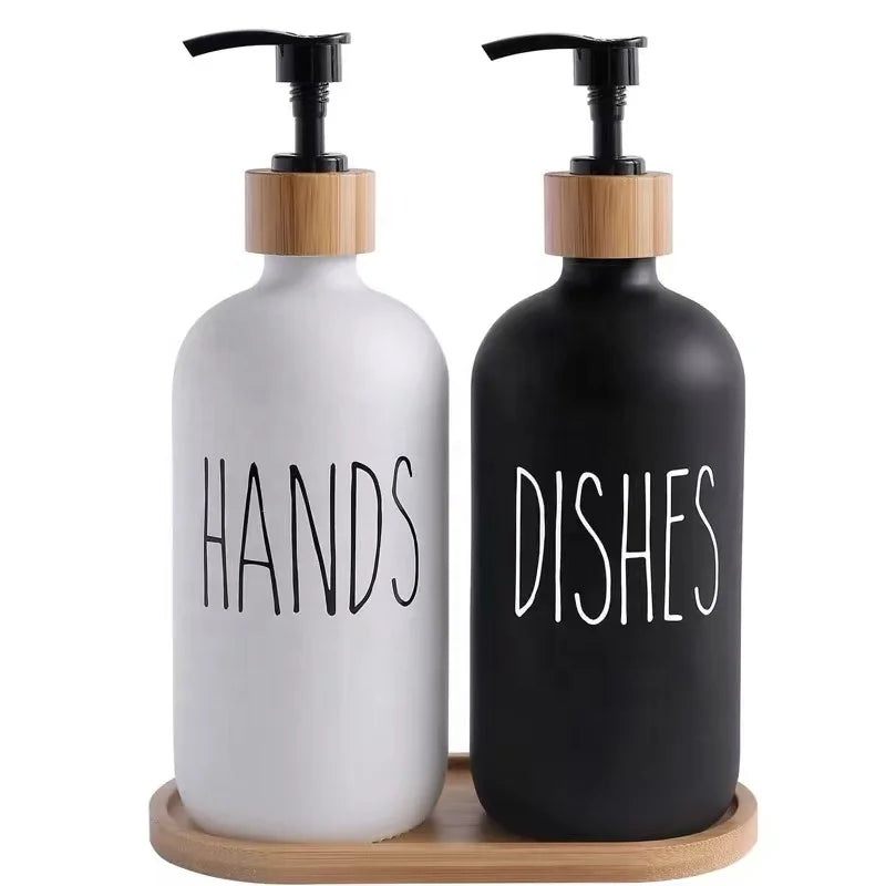 16 oz 500 ml Matte Black Frosted Glass Shampoo Bottle Glass Hand Soap Dispenser with Bamboo Pump Bottle