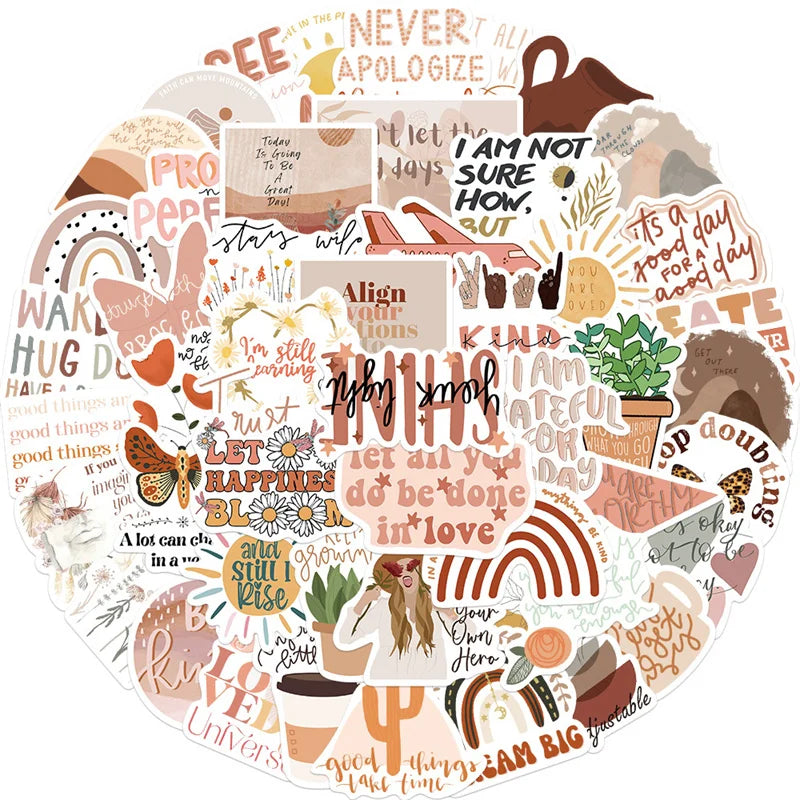 50pcs Boho Retro Inspirational Phrases PVC Vinyl Waterproof Stickers for Water Bottles Laptop Phone Computer Guitar