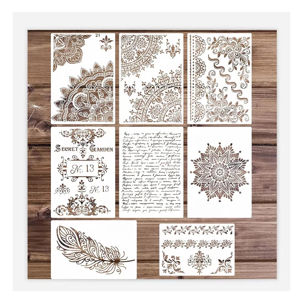 8 Piece Large Mandala Stencil Vintage Script Templates Reusable Feather Border Furniture Stencils MegaBDM