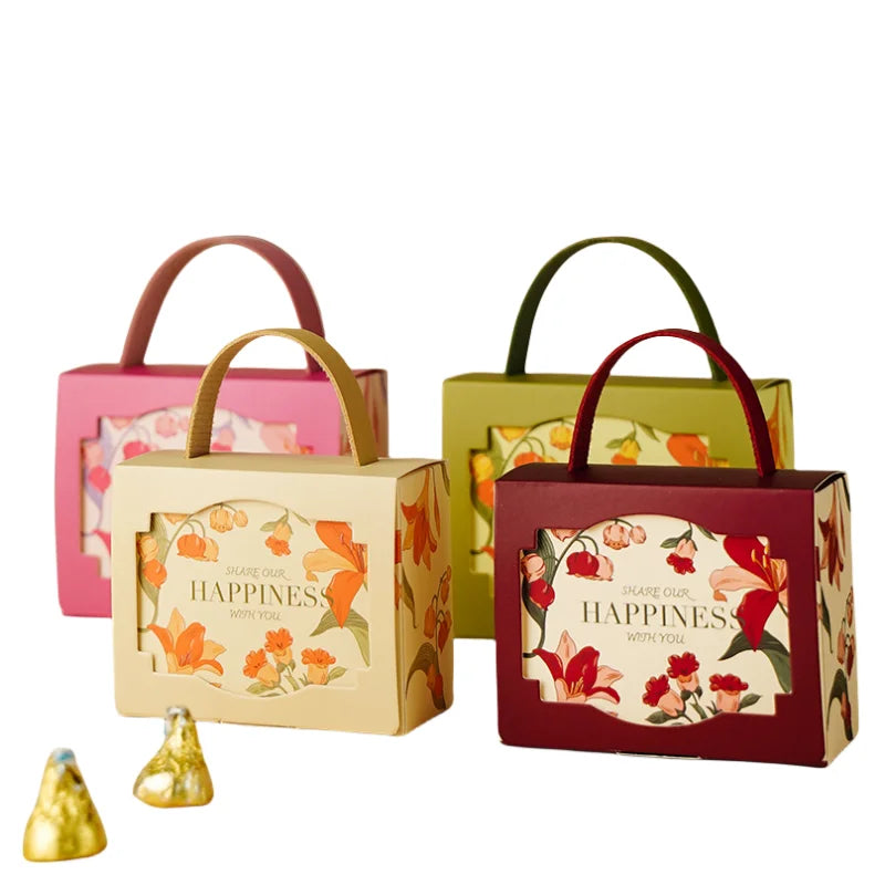 Multicolor Lily Flower Recycled Materials Paperboard Gift Boxes Leather Handles Window Design for Weddings Candy Packaging Gold