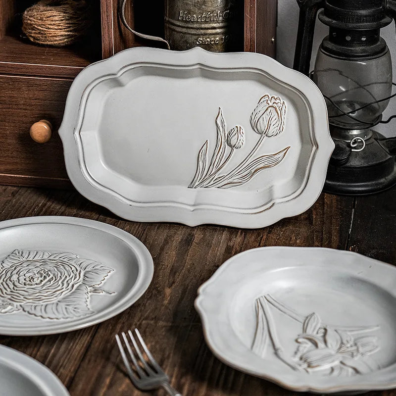 Solhui Medieval Ins Retro Ceramic Embossed Flower Dinner Plates and Dishes