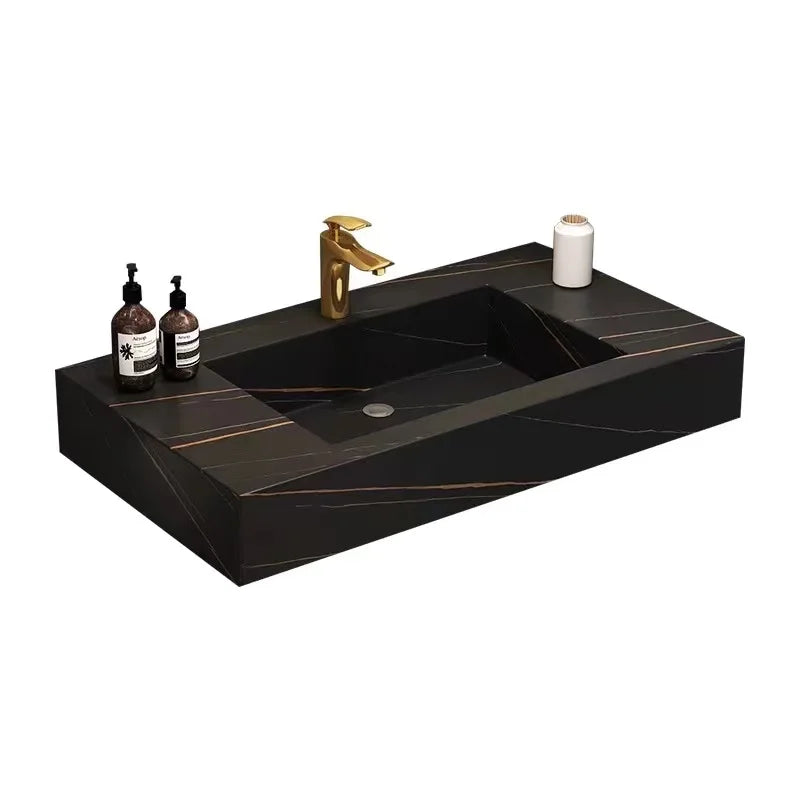 Luxury Black  Marble Rock Stone Washbasin Sink Wall Hanging Sensor LED Mirror Storage Cabinet