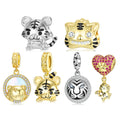 Cute Golden Tiger Authentic 925 Sterling Silver Beads with Beautiful Zircon for Women Jewelry Charm Bracelet Fashion Accessory