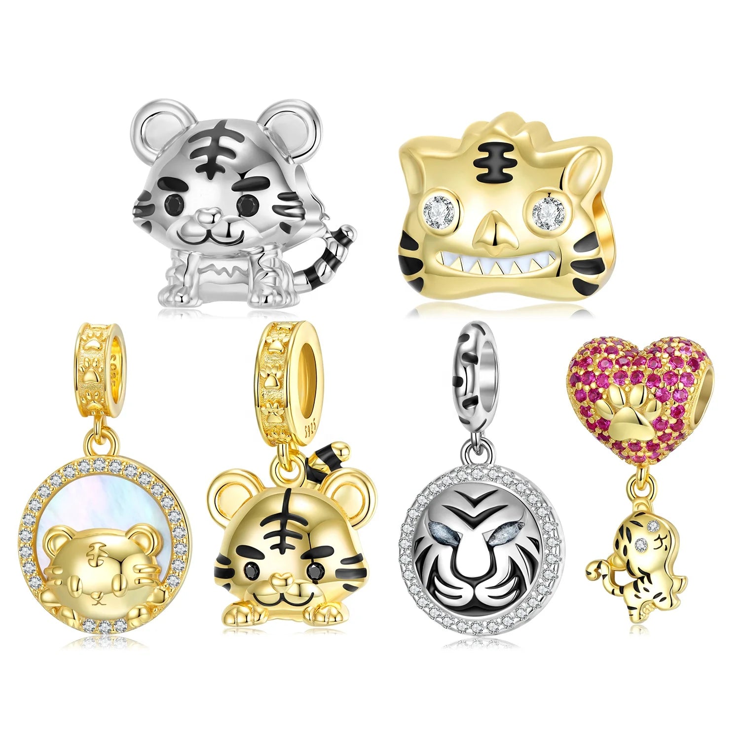 Cute Golden Tiger Authentic 925 Sterling Silver Beads with Beautiful Zircon for Women Jewelry Charm Bracelet Fashion Accessory