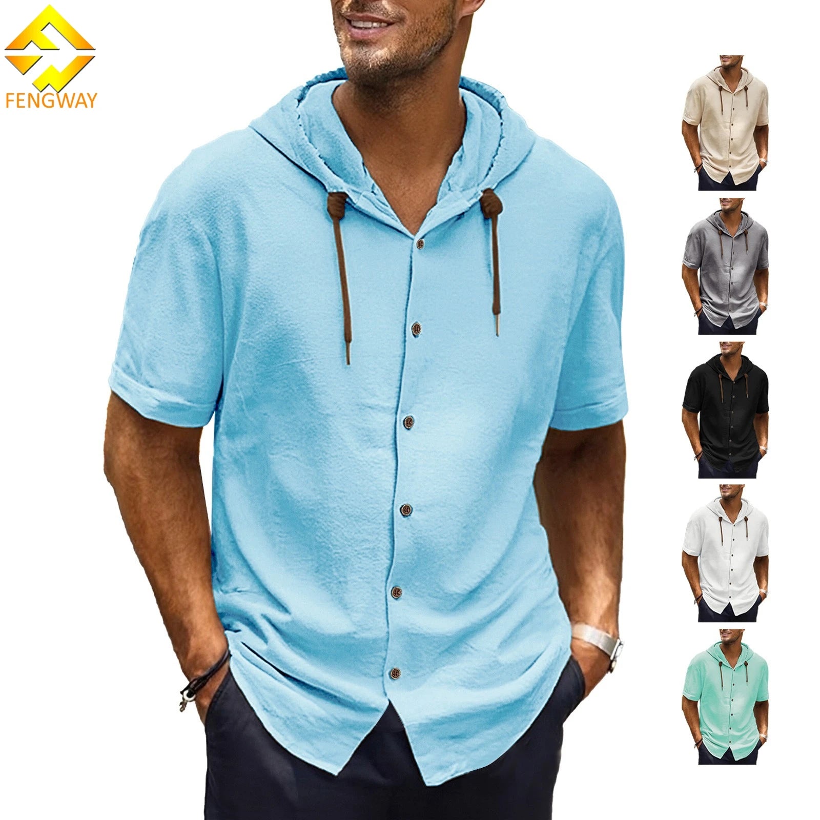 Custom Summer Cotton Linen Men's Casual T-Shirt Solid Color Short Sleeved Hooded Shirt Clothing