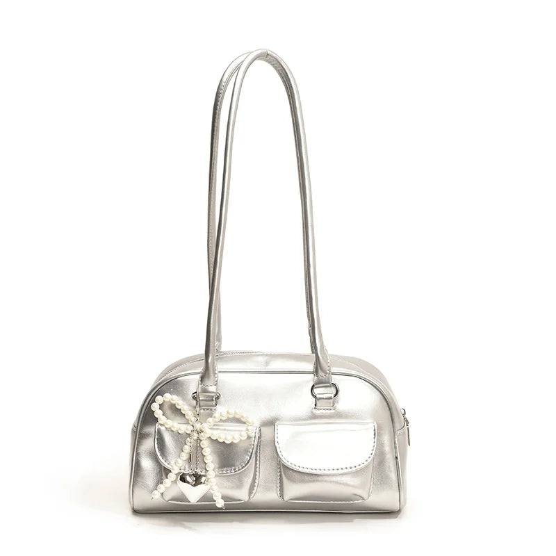 2025 Vintage Summer Fashionable Women's Crossbody Shoulder Bag Simple Underarm Bow Closure Zipper Embroidery Chain Pearl
