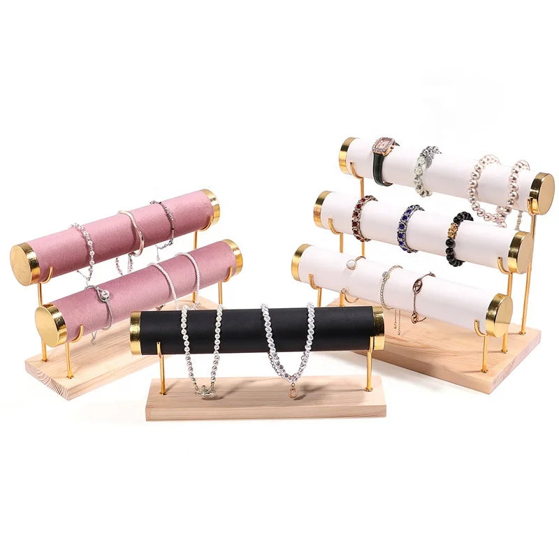 Retail 3 Tier Gold Metal T-Bar Solid Wooden Jewelry Organizer Storage Stand Bangle Bracelet Watch Display Rack Holder With Logo