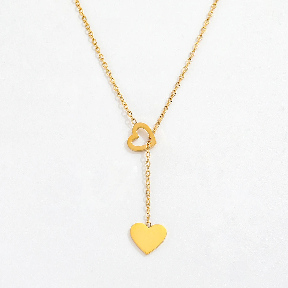 Fenny Wholesale 18K PVD Plated Non Tarnish Permanent Double Love Heart Pendant Toggle Stainless Steel Necklace for Women
