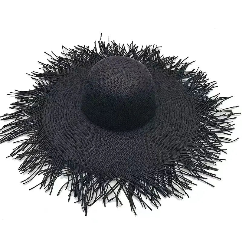 Women Tassel Straw Hat Wide Brim Beach Sun Cap Foldable Large Floppy Summer Hats